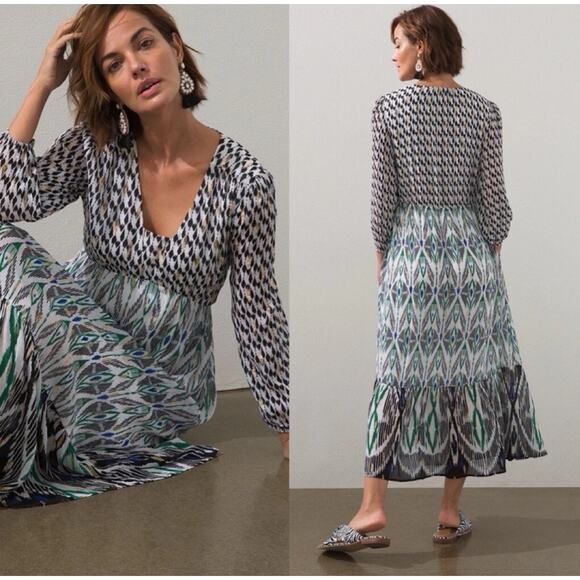 Chicos Ikat Tiered Hem Clip Ikat Maxi Dress Chicos Sz 00 US 2 40th Anniversary - Picture 4 of 14